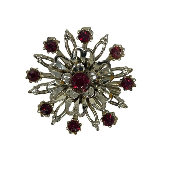 Vintage Gold-Tone Floral Brooch & Clip-On Earrings Set With Red Rhinestones - Picture 2 of 6